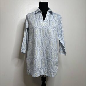 Foxcroft Wrinkle-Free Cotton Tunic Top 8 Blue Yellow Geometric Print 3/4 Sleeve